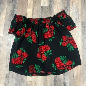 Imagine Black Red Rose Floral Off The Shoulder Smocked Blouse Top Plus Size 3X